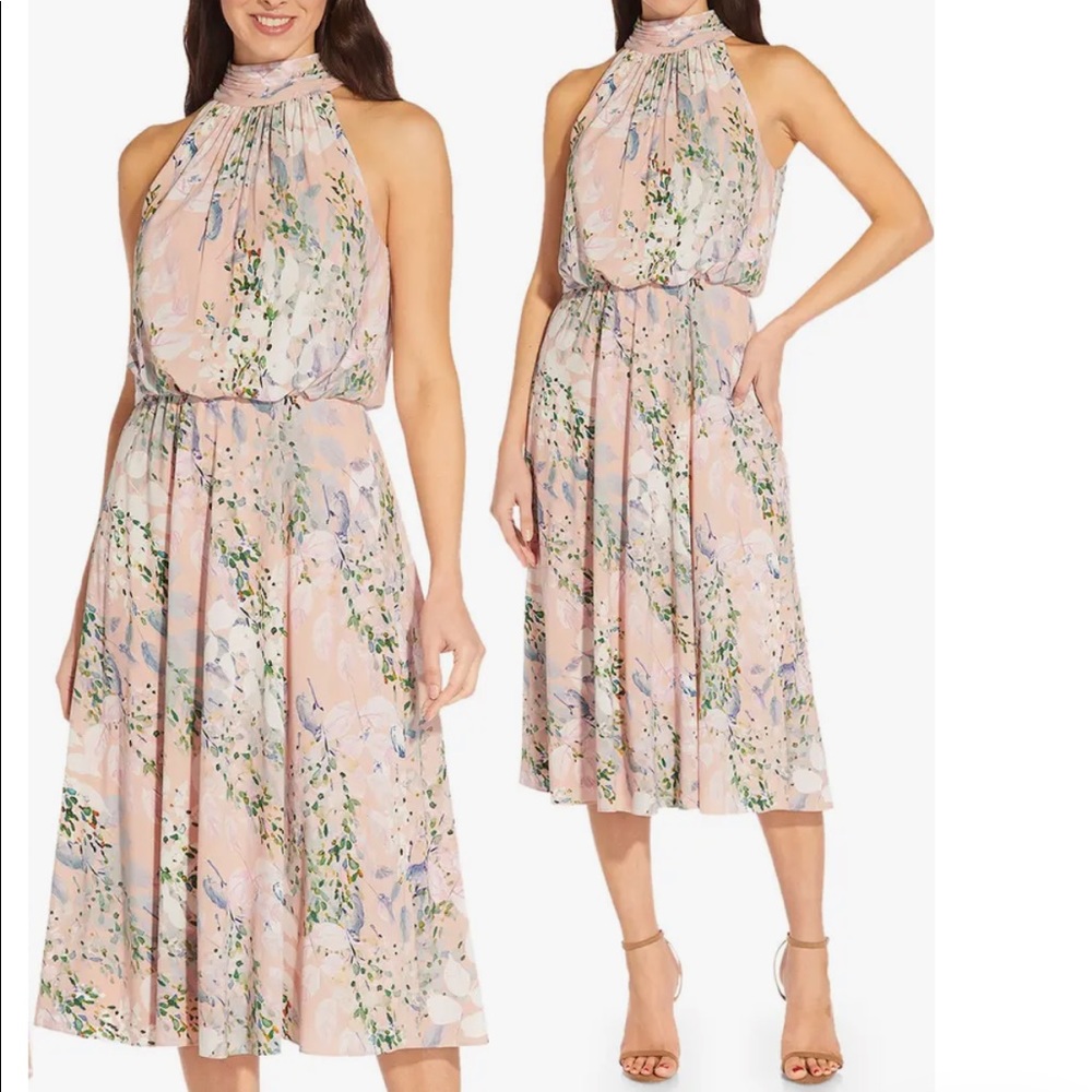 Adrianna Papell Floral Halter Midi Dress in Pink and Green